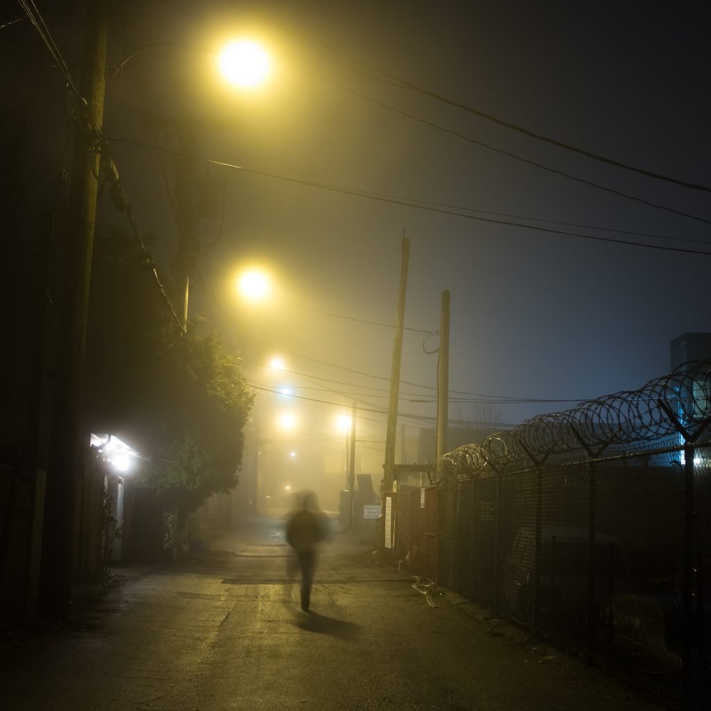 foggy night, back alley near Broadway and Carolina St, Vancouver