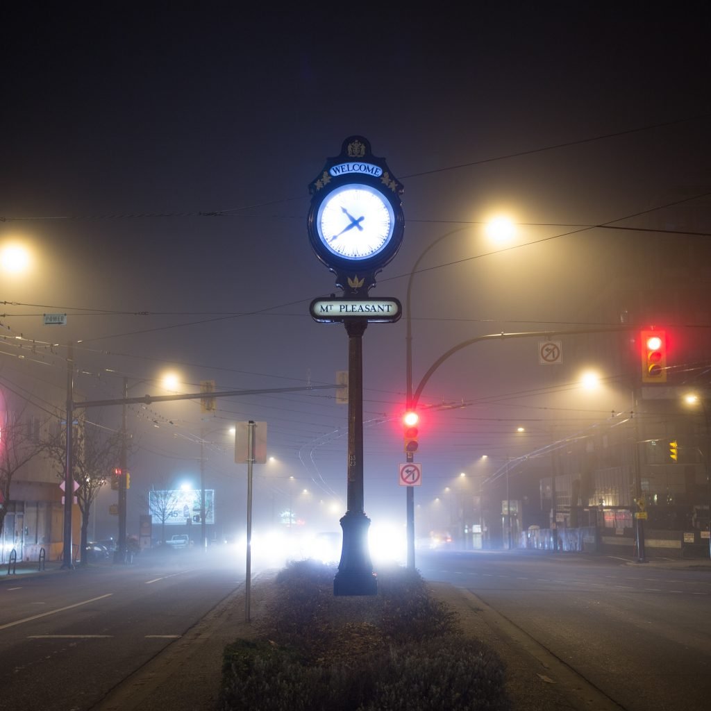 foggy night, Main St and Kingsway, Vancouver, B.C.
